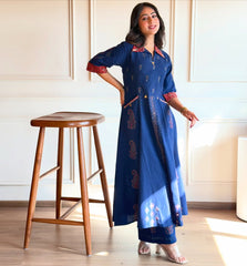 Zulekha -Elegant Navy Blue Block Print Kurta Set