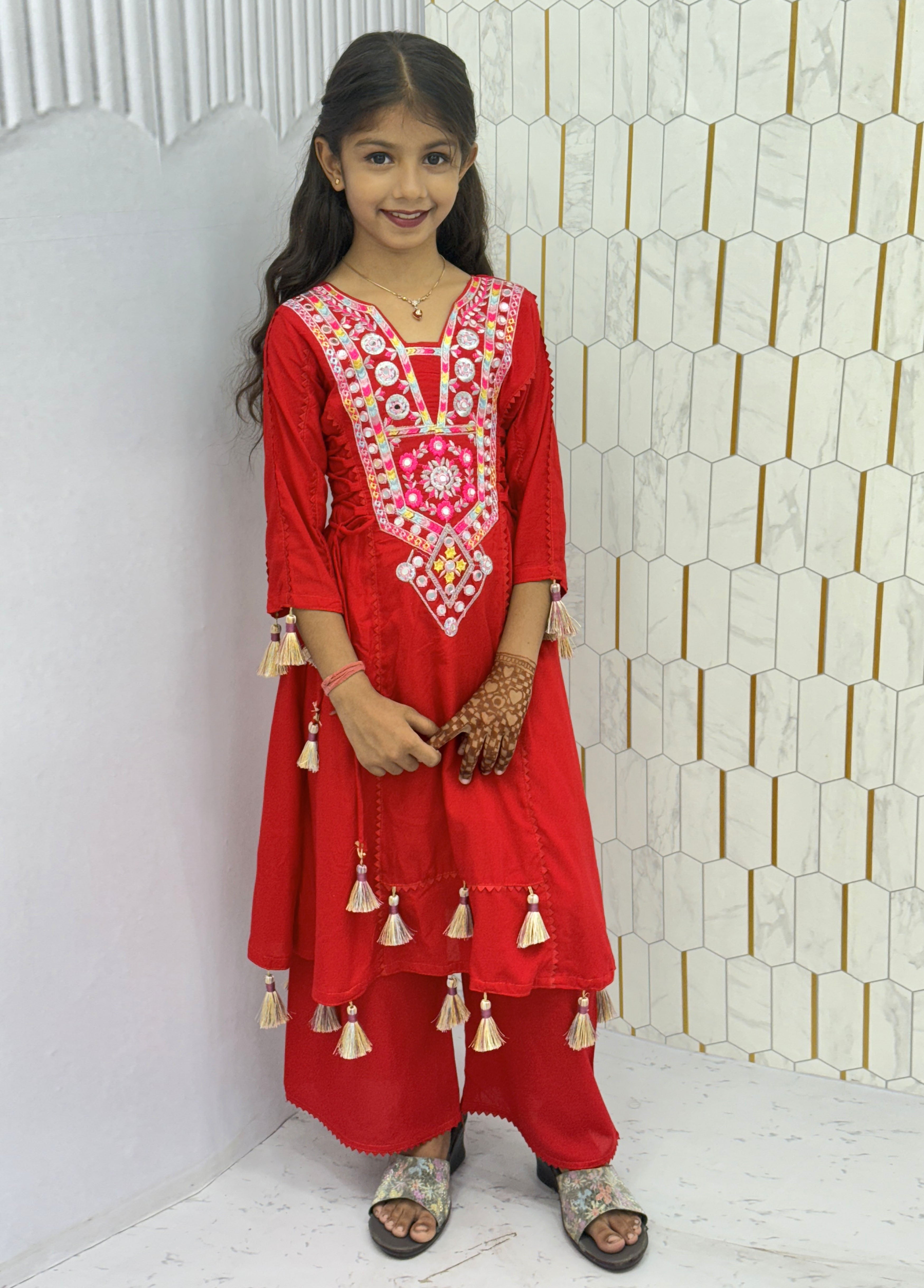 Morni-kids Traditional Cotton Mirror Embroidery Kurti Set