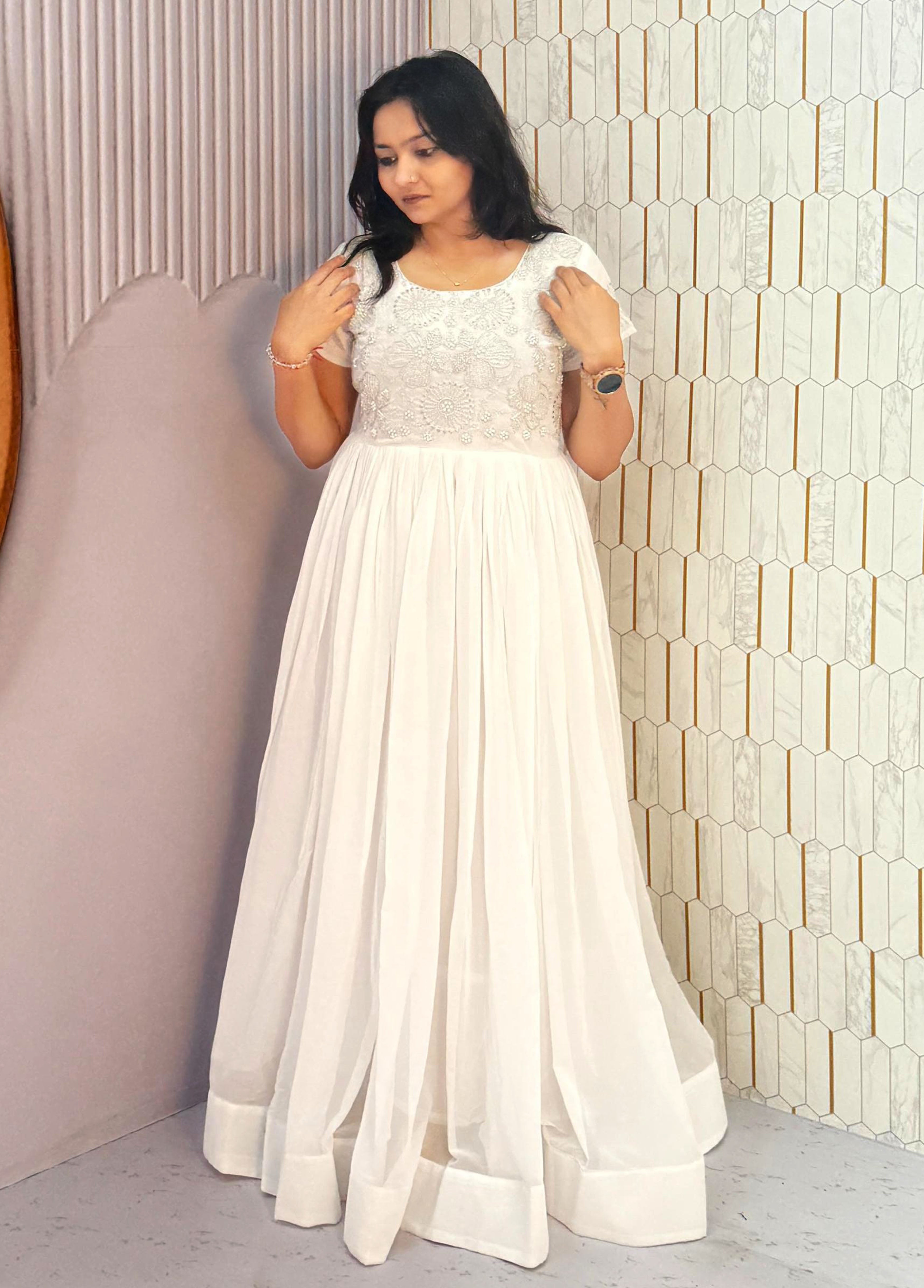 ROOZ-  HEAVY DESIGNER WHITE   ANARKALI GOWN