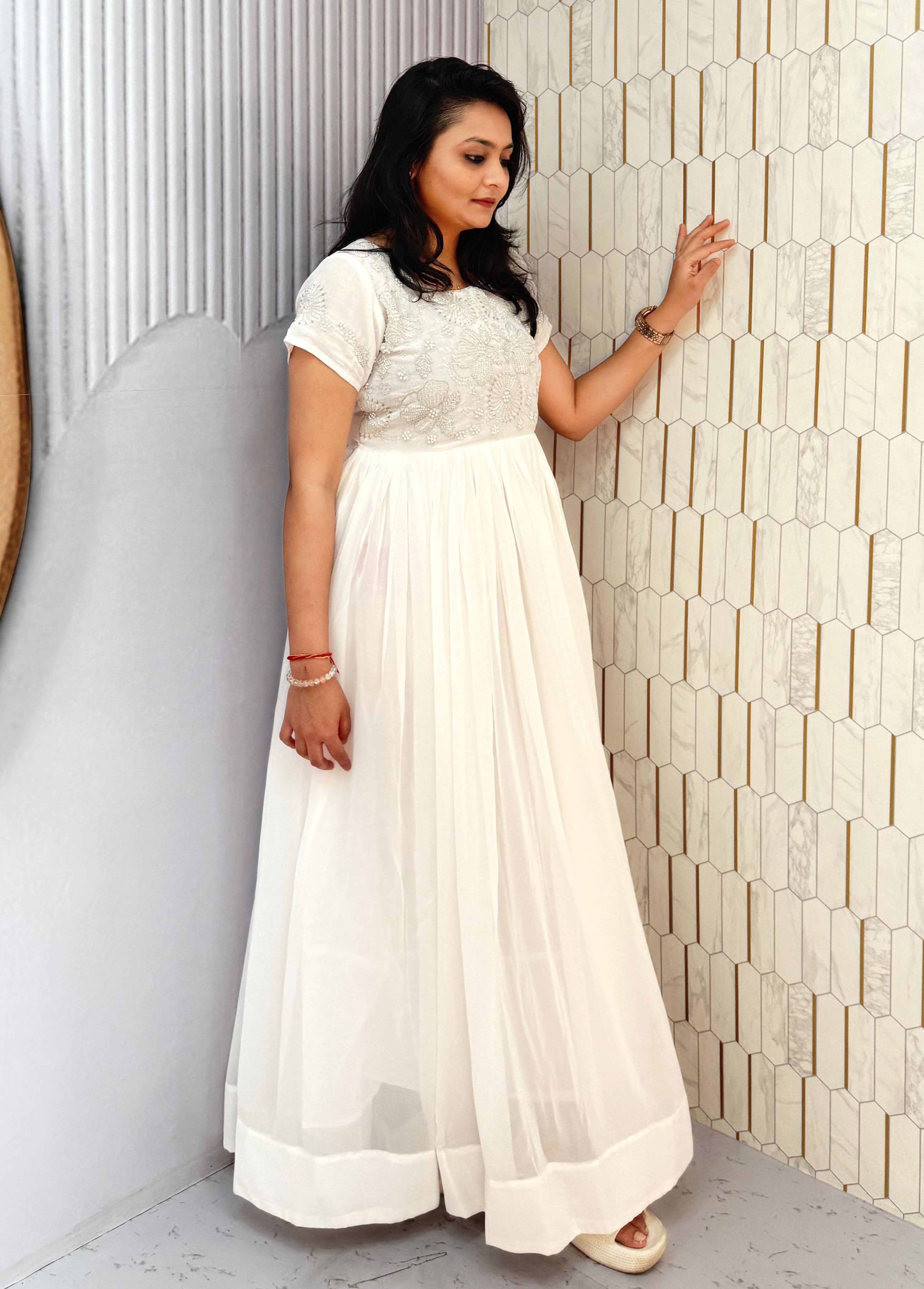 ROOZ-  HEAVY DESIGNER WHITE   ANARKALI GOWN