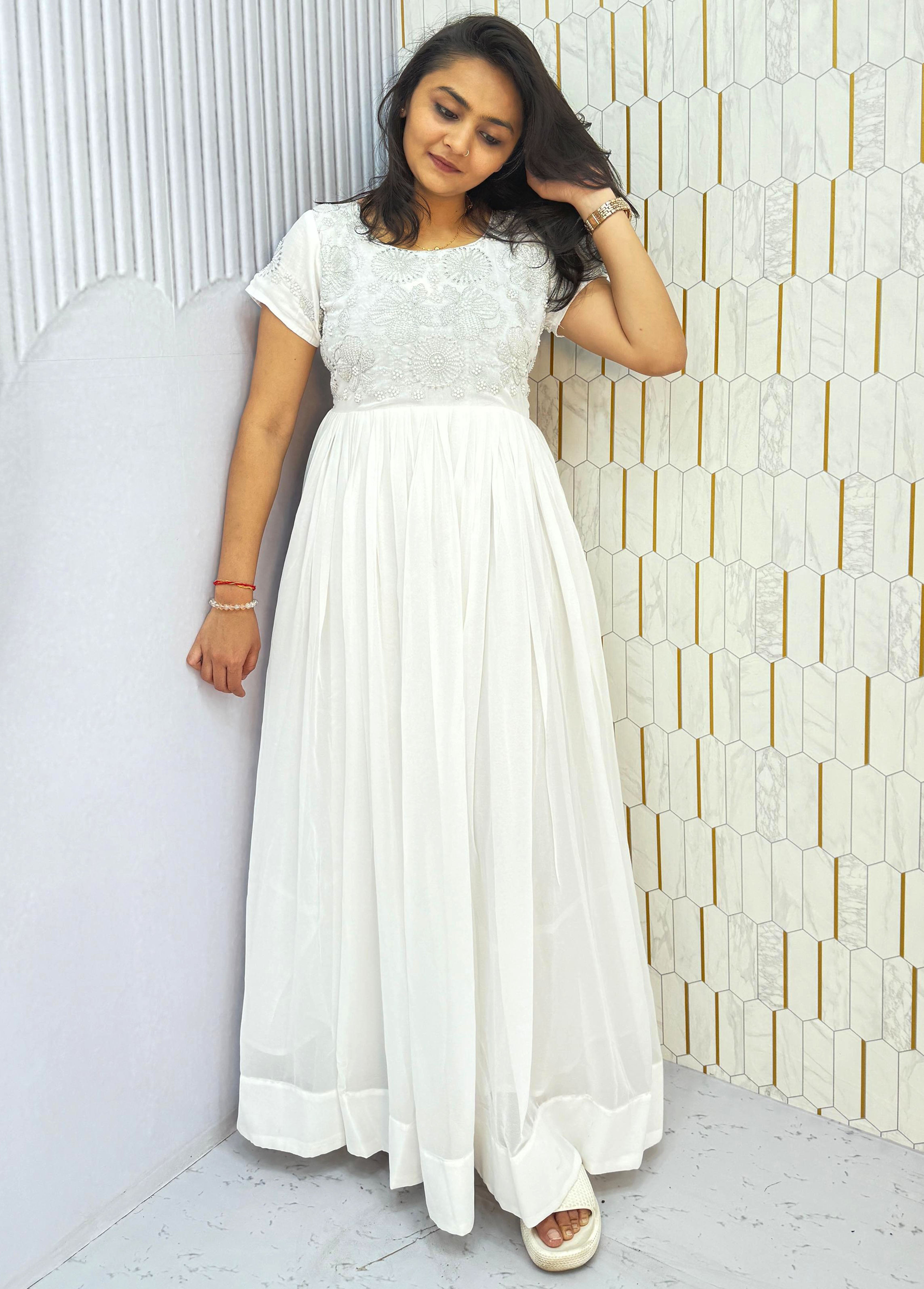 ROOZ-  HEAVY DESIGNER WHITE   ANARKALI GOWN