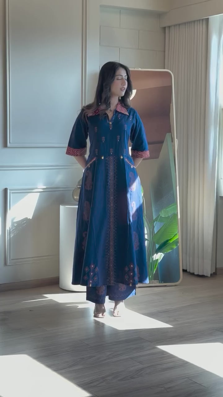 Zulekha -Elegant Navy Blue Block Print Kurta Set