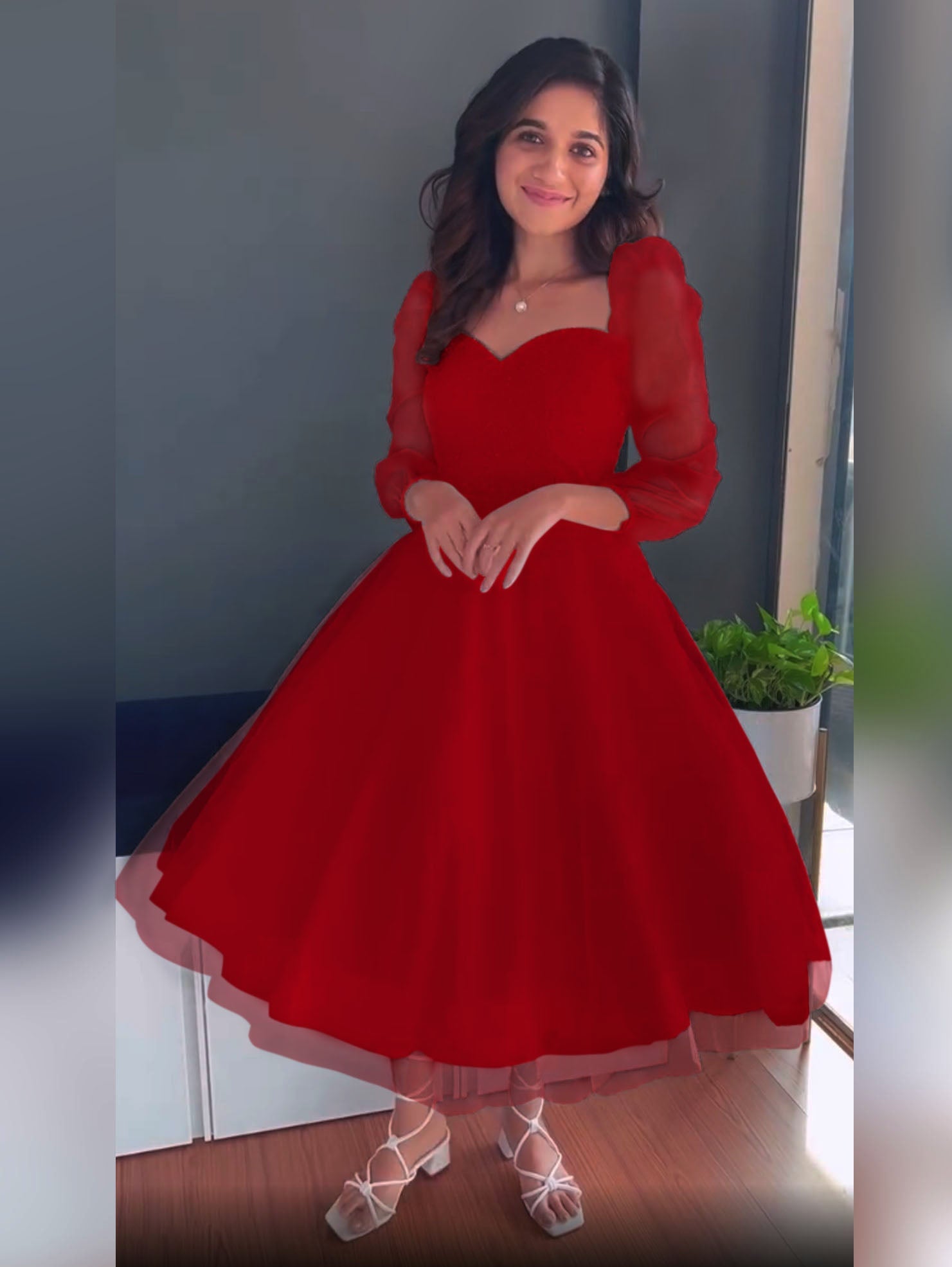 Noor' Tea-Length Fit-and-Flare western Dress - red / XS Noor' Tea-Length Fit-and-Flare western Dress - red / XS